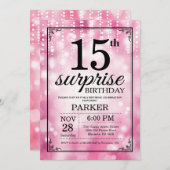 サプライズ15th誕生日招待状ピンクグリッター 招待状 (正面/裏面)