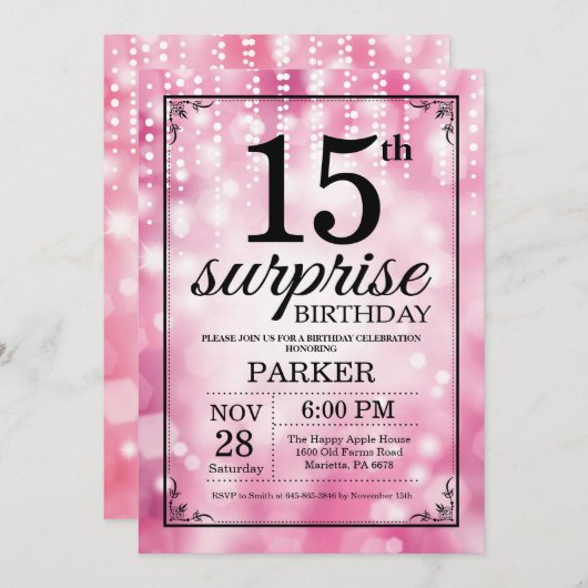 サプライズ15th誕生日招待状ピンクグリッター 招待状 (正面/裏面)