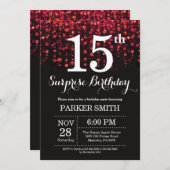 サプライズ15th誕生日招待状レッドグリッター 招待状 (正面/裏面)