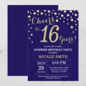 サプライズ16歳の誕生日 ネイビーブルーとゴールドのダイヤモンド 招待状 (正面/裏面)