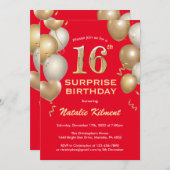 サプライズ16歳の誕生日 赤と金の風船 招待状 (正面/裏面)