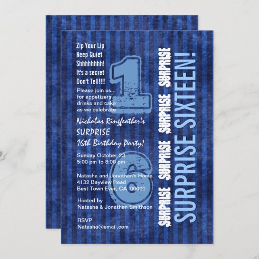 サプライズ16番目の誕生日ブルーストライプW554 招待状 (正面/裏面)