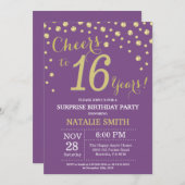 サプライズ16誕生日パープル&金ゴールドダイヤモンド 招待状 (正面/裏面)
