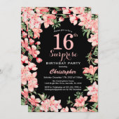 サプライズ16誕生日ピンクフローラフラワーブラック 招待状 (正面/裏面)
