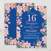 サプライズ16誕生日ピンクフローラ花ブルー 招待状 (正面/裏面)