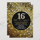 サプライズ16誕生日ブラックと金ゴールドグリッター 招待状 (正面/裏面)