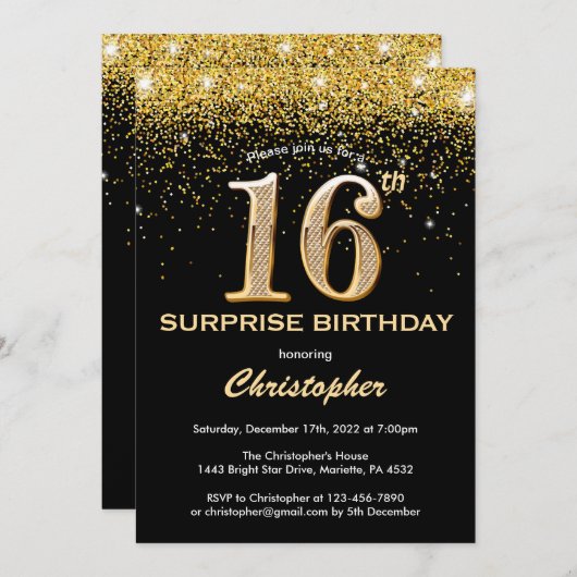 サプライズ16誕生日ブラックと金ゴールドグリッター 招待状 (正面/裏面)