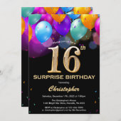 サプライズ16誕生日ブラックと金ゴールドバルーン 招待状 (正面/裏面)