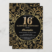 サプライズ16誕生日ブラックと金ゴールドフローラ 招待状 (正面/裏面)