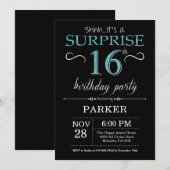 サプライズ16誕生日招待状ブラック&ティール（緑がかった色） 招待状 (正面/裏面)