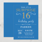 サプライズ16誕生日招待状ブルーと金ゴールド 招待状 (正面/裏面)