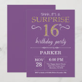 サプライズ16誕生日招待状紫と金ゴールド 招待状 (正面/裏面)