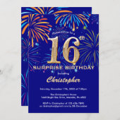 サプライズ16誕生日海軍ブルー&金ゴールド花火 招待状 (正面/裏面)