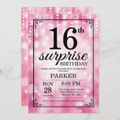 サプライズ16th誕生日招待状ピンクグリッター 招待状 (正面/裏面)