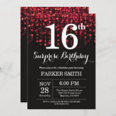 サプライズ16th誕生日招待状レッドグリッター 招待状 (正面/裏面)