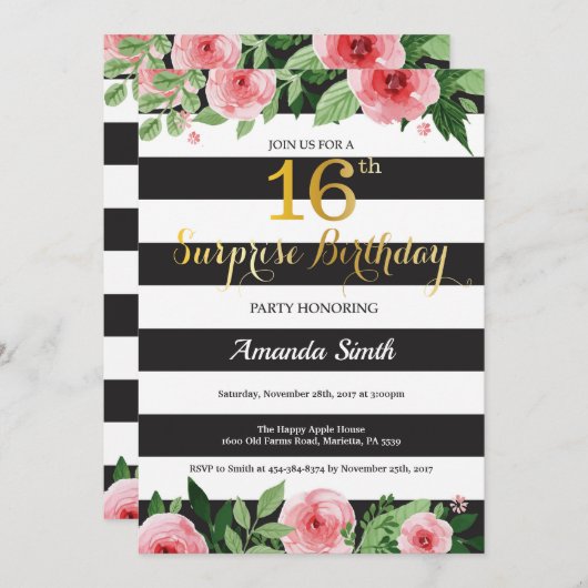サプライズ16th誕生日招待状10代のフローラ 招待状 (正面/裏面)
