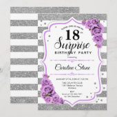 サプライズ18歳の誕生日 - シルバー ホワイト パープル 招待状 (正面/裏面)