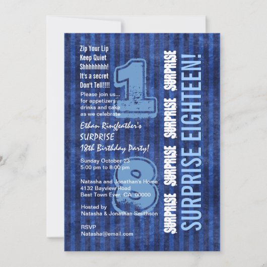 サプライズ18番目の誕生日ブルーストライプW555 招待状 (正面)