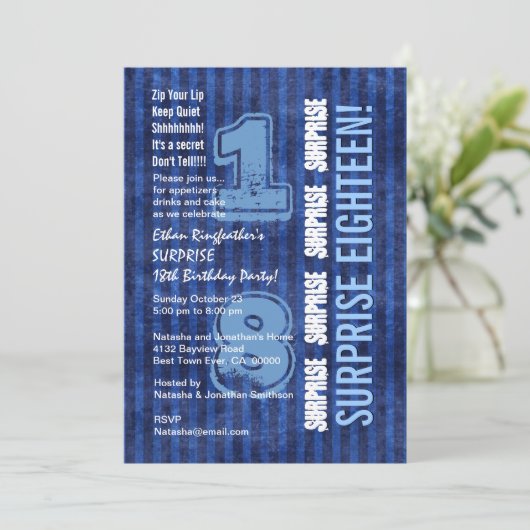 サプライズ18番目の誕生日ブルーストライプW555 招待状 (スタンド正面)