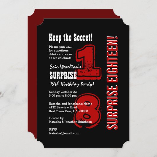 サプライズ18番誕生日レッドモダン白黒A01 招待状 (正面/裏面)