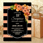 サプライズ18誕生日オストライプのレンジフローラ 招待状<br><div class="desc">黒とサンゴフェイクグリッターストライプのフローラ驚き18th誕生日パーティー招待。</div>