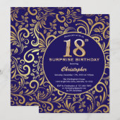 サプライズ18誕生日ネイビーブルーと金ゴールドフローラ 招待状 (正面/裏面)