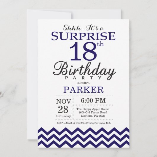 サプライズ18誕生日ネイビーブルーシェブロン 招待状 (正面)