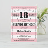 サプライズ18誕生日ピンクと白ストライプ色 招待状 (スタンド正面)
