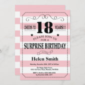 サプライズ18誕生日ピンクと白ストライプ色 招待状 (正面/裏面)
