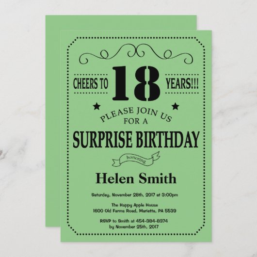 サプライズ18誕生日ブラックとグリーン 招待状 (正面/裏面)
