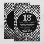 サプライズ18誕生日ブラックアンドシルバーグリッター 招待状 (正面/裏面)