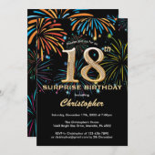 サプライズ18誕生日ブラック金ゴールドレインボー花火 招待状 (正面/裏面)