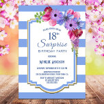 サプライズ18誕生日ブルーストライプのフローラパーティー 招待状<br><div class="desc">ブルーストライプのフローラサプライズ18th誕生日パーティーの招待。</div>