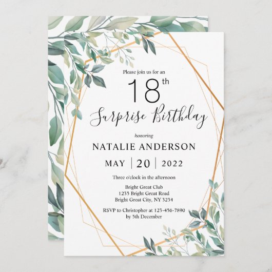 サプライズ18誕生日ユーカリプタスグリーンリー&金ゴールド 招待状 (正面/裏面)