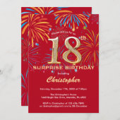 サプライズ18誕生日レッド&金ゴールドレインボー花火 招待状 (正面/裏面)