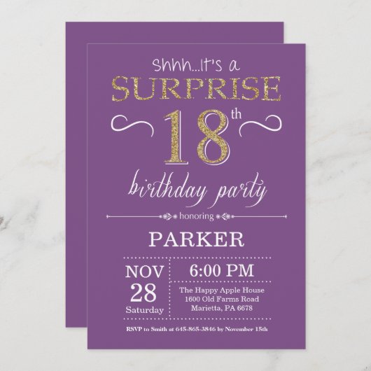 サプライズ18誕生日招待状紫と金ゴールド 招待状 (正面/裏面)