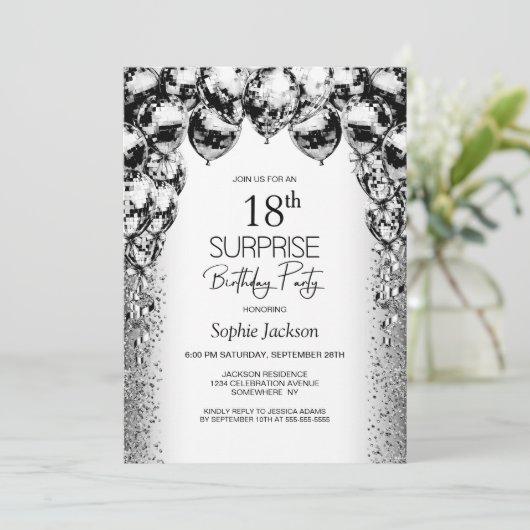 サプライズ18誕生日白黒バルーンパーティー 招待状 (スタンド正面)