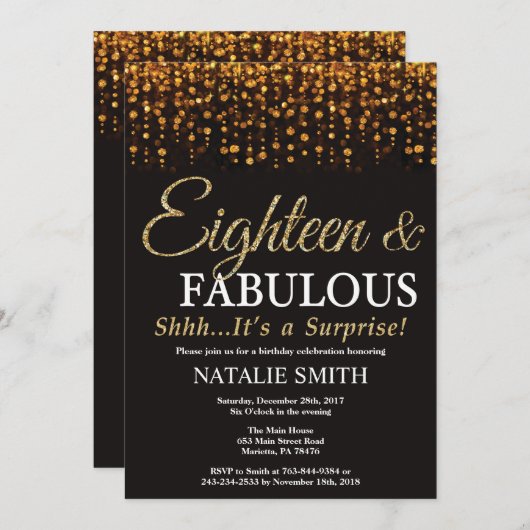 サプライズ18誕生日18と素晴らしい金ゴールド 招待状 (正面/裏面)
