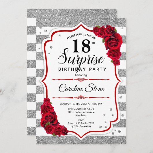 サプライズ18誕生日 – シルバーホワイトレッド 招待状 (正面/裏面)