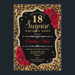 サプライズ18誕生日 – ヒョウ黒金ゴールド赤 招待状<br><div class="desc">サプライズ18th誕生日招待状。黒フェミニン色、赤いデザインとフェイクグリッター金ゴールド。動物ヒョウのチーターパターン、赤いバラ、スクリプトのフォントと紙吹雪を特徴とする。エレガントな誕生日パーティーに最適。任意のパーソナライズされた年齢を示すことができる。メッセージもしの詳細なカスタマイズが必要。</div>
