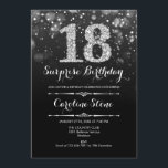 サプライズ18誕生日 – ブラックシルバー 招待状<br><div class="desc">サプライズ18th誕生日招待状。エレガント白黒銀フェイクグリッターデザイン。大人の誕生日。ダイヤモンドとスクリプトフォントを特徴とする男性または女性の日招待状。誕生日パーティスタイリッシュに最適。メッセージもしの詳細なカスタマイズが必要。</div>