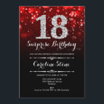 サプライズ18誕生日 – ブラックレッドシルバー 招待状<br><div class="desc">サプライズ18th誕生日招待状。黒エレガント赤デザインとフェイクグリッター銀大人の誕生日。ダイヤモンド、《写真》ぼけ味ライト、スクリプトフォント。男女の招待状。誕生日パーティスタイリッシュに最適。メッセージもしの詳細なカスタマイズが必要。</div>