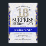 サプライズ18誕生日 – ホワイト金ゴールドブ王室のルー 招待状<br><div class="desc">サプライズ18th誕生日パーティーの招待状。エレガントグリッターフェイク金ゴールドの白と青の王室のデザイン。</div>