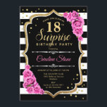 サプライズ18誕生日-白黒ピンク 招待状<br><div class="desc">サプライズ18th誕生日招待状。黒フェミニン色、白、ピンクのデザインとフェイクグリッター金ゴールド。ブラックとホワイトのストライプフォント、ピンクのバラ、スクリプトのバラと紙吹雪。エレガントな誕生日パーティーに最適。任意のパーソナライズされた年齢を示すことができる。メッセージもしの詳細なカスタマイズが必要。</div>
