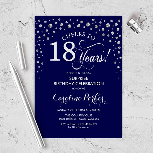 サプライズ18thバースデーパーティー – ネイビーシルバー 招待状