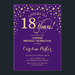 サプライズ18thバースデーパーティー – パープル金ゴールド 招待状<br><div class="desc">サプライズ18th誕生日パーティーの招待状。紫エレガントと王室のグリッターのフェイク金ゴールドのデザイン。スクリプトフォントとダイヤモンド紙吹雪の機能。応援18年！メッセージもしの詳細なカスタマイズが必要。</div>