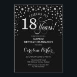 サプライズ18thバースデーパーティー – ブラックシルバー 招待状<br><div class="desc">サプライズ18th誕生日パーティーの招待状。エレガントデザインは黒とグリッター銀でフェイクす。スクリプトフォントとダイヤモンド紙吹雪の機能。応援18年！メッセージもしの詳細なカスタマイズが必要。</div>