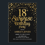 サプライズ18thバースデーパーティー – ブラック&金ゴールド 招待状<br><div class="desc">サプライズ18th誕生日パーティーの招待状。黒エレガント色のデザインとフェイクグリッター金ゴールド。スクリプトスタイリッシュのフォントと紙吹雪の機能。メッセージもしメッセージはカスタム年齢。</div>