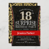 サプライズ18thバースデーパーティー – 金ゴールドブラック赤 招待状 (正面/裏面)