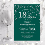 サプライズ18th誕生日パーティー – グリーンシルバー 招待状<br><div class="desc">サプライズ18th誕生日パーティーの招待状。エメラルドエレガントグリーンとグリッターシルバーのフェイクデザイン。スクリプトフォントとダイヤモンド紙吹雪の機能。応援18年！メッセージもしの詳細なカスタマイズが必要。</div>